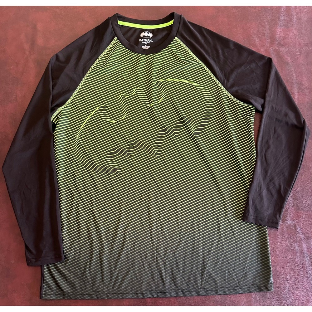 Batman Mens XL Performance Shirt Long Sleeve Neon Green Black Striped Activewear